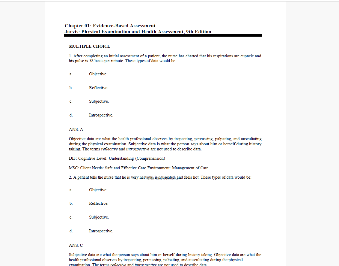 Test Bank for Physical Examination and Health Assessment 9th Edition by Carolyn Jarvis, Ann Eckhardt / All Chapters 1-32 / Full Complete - Physical Examination and Health Assessment 9th Edition by Carolyn Jarvis, Ann Eckhardt Test Bank Test Bank for Physical Examination and Health Assessment 9th Edition by Carolyn Jarvis, Ann Eckhardt / All Chapters 1-32 / Full Complete